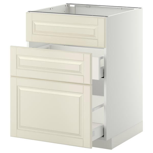 An off-white METOD kitchen cabinet with bevelled edges, featuring two drawers and smooth-running drawer fronts.