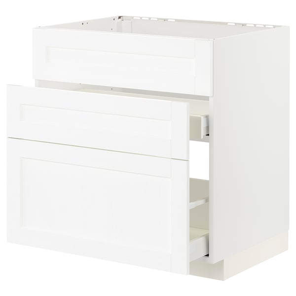 White METOD kitchen cabinet with drawer, sleek, modern, wood & plastic.