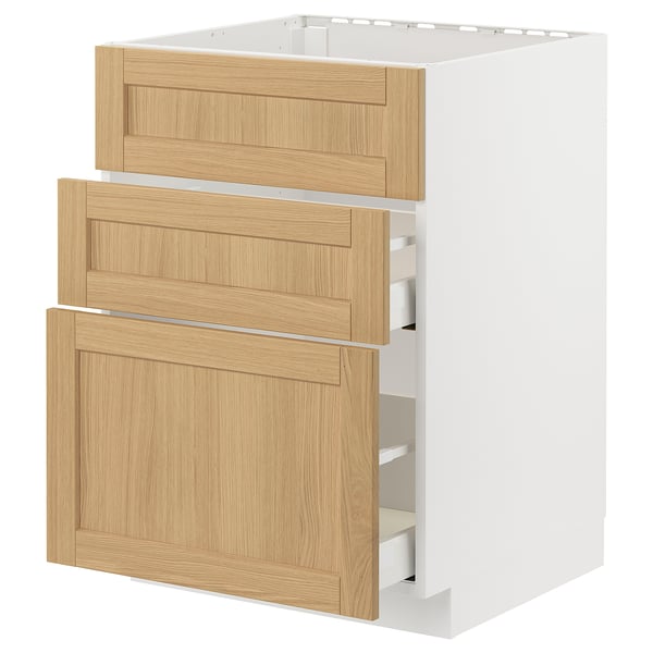 Modern kitchen cabinet, white with oak drawers, three open drawers, framed design.