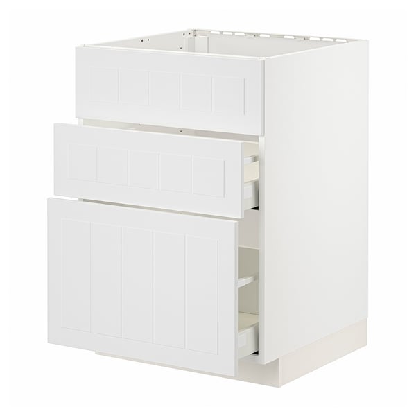 White METOD kitchen cabinet with three drawers, vertical groove design.