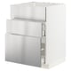 This image shows a white METOD kitchen cabinet with three stainless steel drawers.