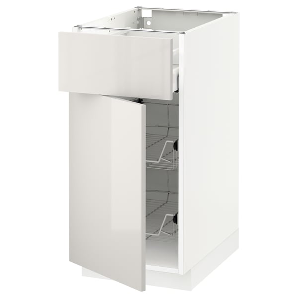 METOD cabinet, white, glossy, rectangular, single door open, wire shelves inside.