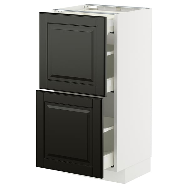 Modern kitchen unit: METOD with black bodbyn drawers, sleek & beveled edges.