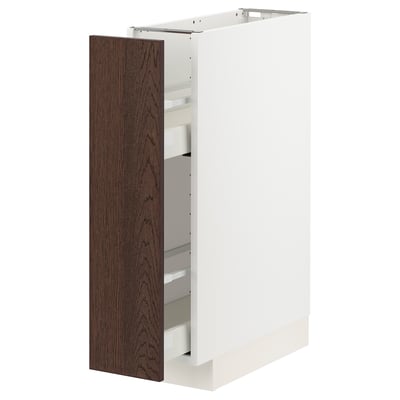 Modern white cabinet with dark brown drawer, minimalist design, durable materials.