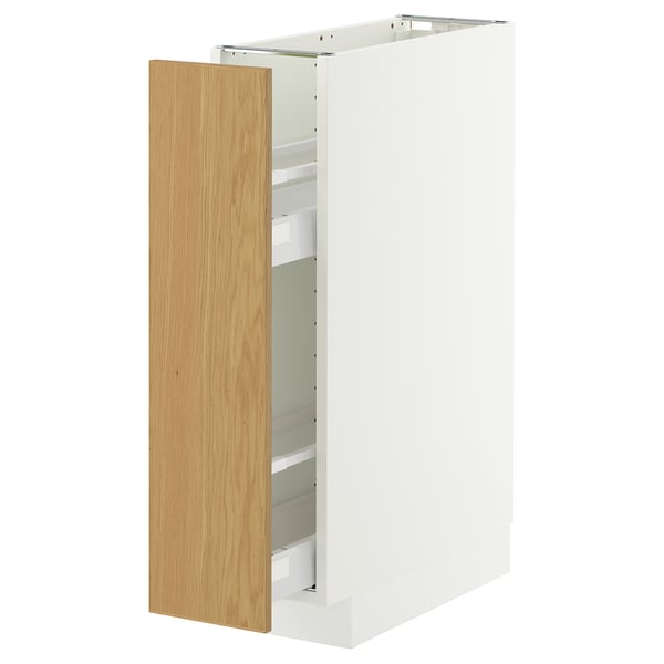 A white METOD cabinet with an open oak veneer door revealing shelves inside.