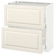 White kitchen cabinet with drawers, off-white color, rectangular shape, and classic design.