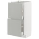 Modern white kitchen cabinet with light grey drawers, sleek and minimalist design.
