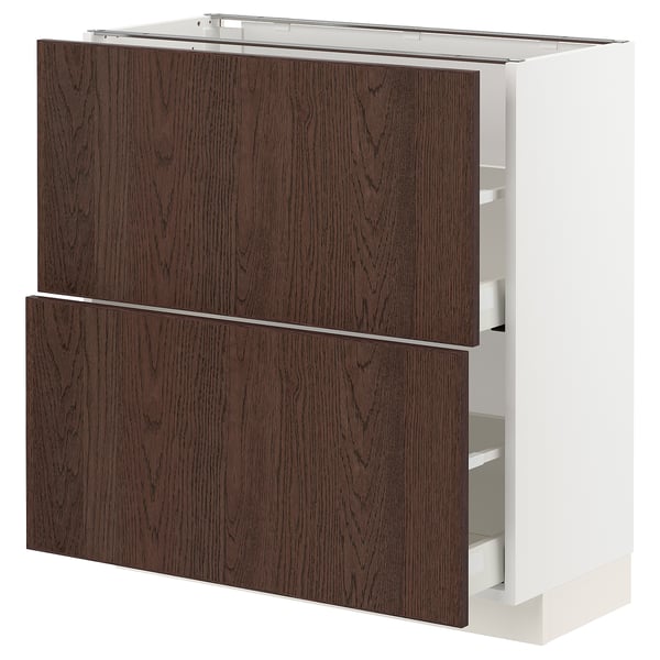 Dark brown METOD kitchen cabinet with oak veneer drawers and white sides.