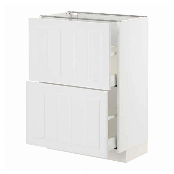 White METOD kitchen cabinet with three drawers and double doors in modern shaker style.