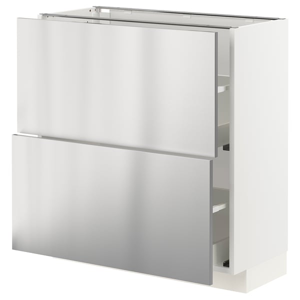 Modern white and stainless steel kitchen cabinet with open drawers, sleek design.