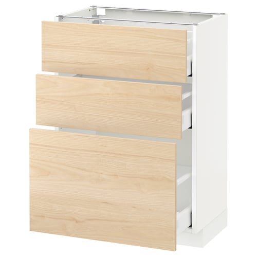 A white METOD kitchen cabinet with three light ash wood drawers.