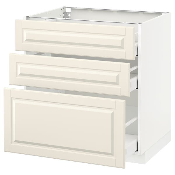This image shows the METOD kitchen cabinet in white with three drawers. Its a modern design with bevelled edges and a sturdy frame.