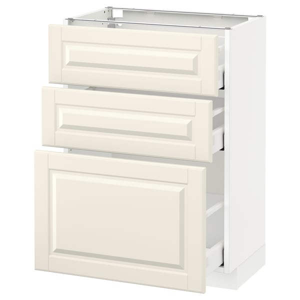 A white METOD kitchen cabinet with three drawers and one door, featuring off-white bodbyn fronts with bevelled edges.