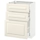 A white METOD kitchen cabinet with three drawers and one door, featuring off-white bodbyn fronts with bevelled edges.