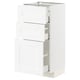 A white METOD kitchen cabinet with three drawers and one door, featuring a sleek, modern design.