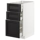 Modern white cabinet with three black drawers, dark wood grain, vertical lines design.