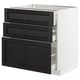 Modern kitchen unit: METOD with 3 black stained ash drawers, beveled edges, white frame, self-closing drawers.