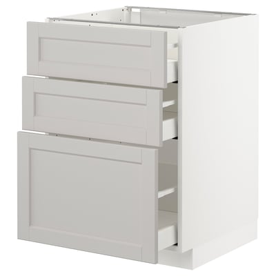 METOD kitchen unit in light grey with three drawers, white edges, classic design.
