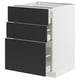 METOD kitchen unit in white with 3 black drawers, sleek modern design.