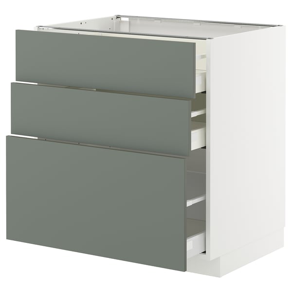 Modern grey-green kitchen cabinet with three drawers