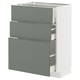Modern kitchen unit in grey-green with three drawers, white frame, sleek design.