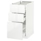 High gloss white kitchen cabinet with three open drawers, sleek modern design.