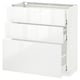 This image shows an ikea METOD kitchen cabinet in white with three drawers and a glass top shelf.