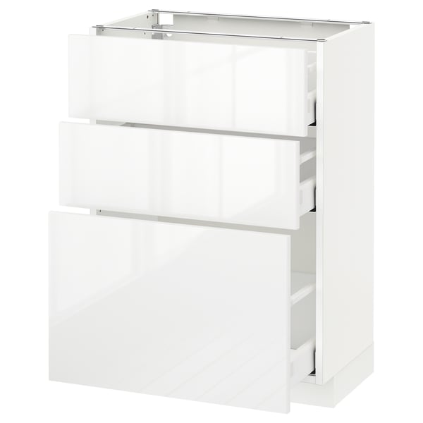 Glass-topped white cabinet with three high-gloss drawers, modern design for kitchen storage.