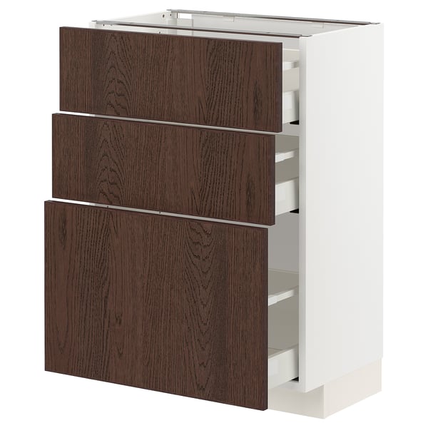 White METOD cabinet with 3 dark brown sinarp drawers, oak veneer, rectangular shape.