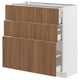 Walnut-colored kitchen unit with three drawers and white sides. Modern, minimalist design. Self-closing drawers.