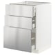 This image shows the METOD kitchen unit in stainless steel with three drawers. It has a sleek, industrial design.