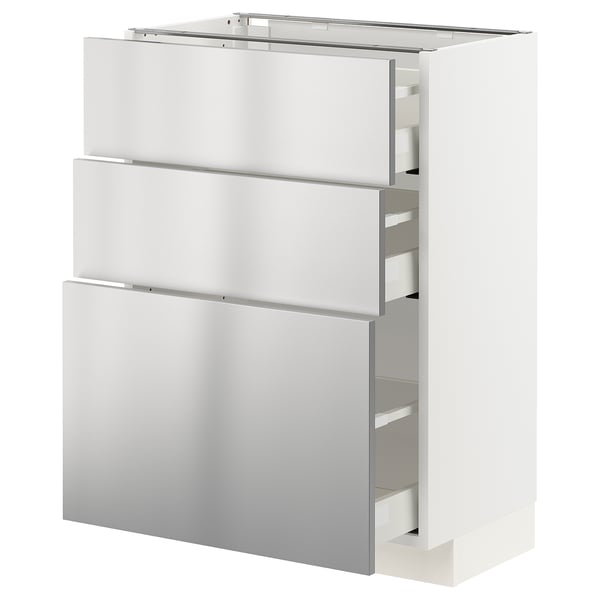 Modern kitchen unit, white with stainless steel drawers, slim design, minimalistic look.