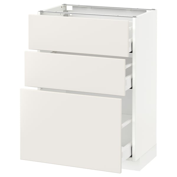 White METOD kitchen unit with 3 drawers, modern design.