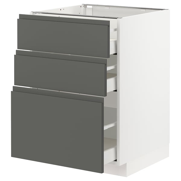 Modern kitchen unit, white and grey, three drawers, sleek design, high-quality material.