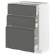 IKEAs METOD kitchen cabinet with 3 dark grey drawers and white frame.