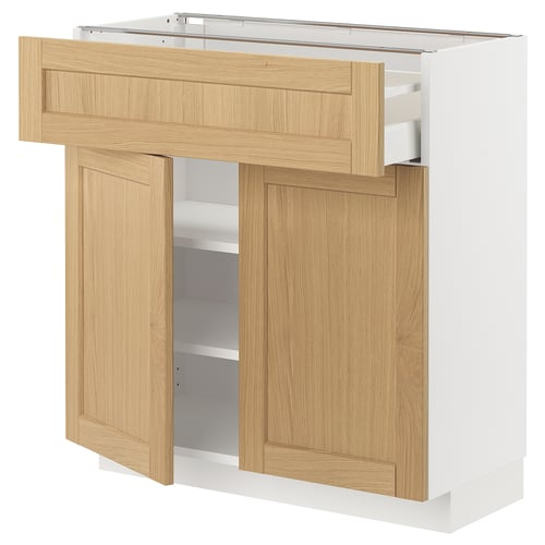 Modern kitchen cabinet METOD with forsbacka oak veneer, bevelled edges, and adjustable shelves.