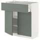 Modern kitchen storage: white METOD cabinet with green-gray drawer and double doors.
