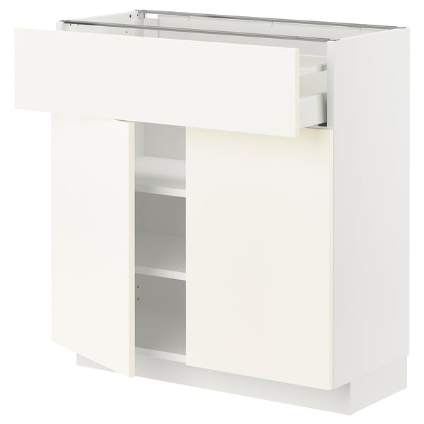 White METOD kitchen unit with single pull-out drawer and shelf.