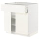 A white METOD kitchen cabinet with a smooth drawer. It a sleek, modern design with a single adjustable shelf inside.