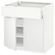 White modern kitchen cabinet with drawer and glass top.