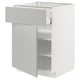 White METOD kitchen cabinet with grey drawer and shelf, clean modern design.