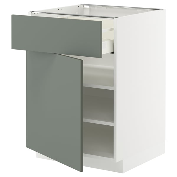 Modern kitchen cabinet with gray-green door and adjustable shelves.