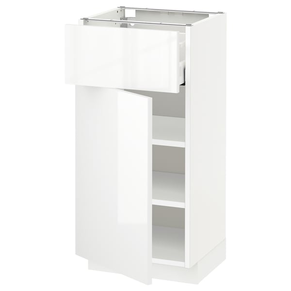 METOD white gloss kitchen cabinet with drawer and shelves.
