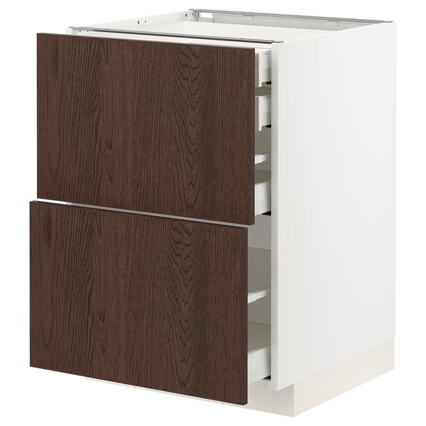 Modern white and dark brown kitchen cabinets with two open drawers, oak veneer finish, sleek handles, and organised interiors.