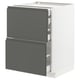 Modern grey kitchen cabinet with two drawers and sleek handle-less design.
