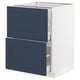 METOD cabinet in white with dark blue drawers and doors.