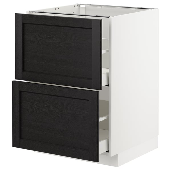 White METOD kitchen unit with black stained wood drawer fronts, bevelled edges, self-closing drawers.