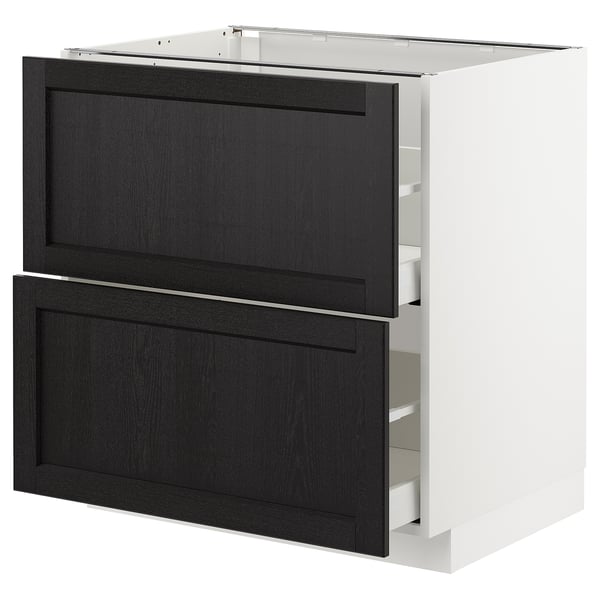 Modern kitchen cabinet, white and dark wood, two drawers, sleek design.