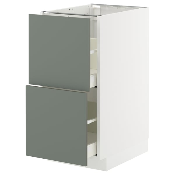 Modern kitchen unit, white METOD cabinet with gray-green drawers, sleek and clean design, 25-year guarantee.