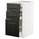 Modern black kitchen cabinet with multiple drawers, sleek design, white sides.